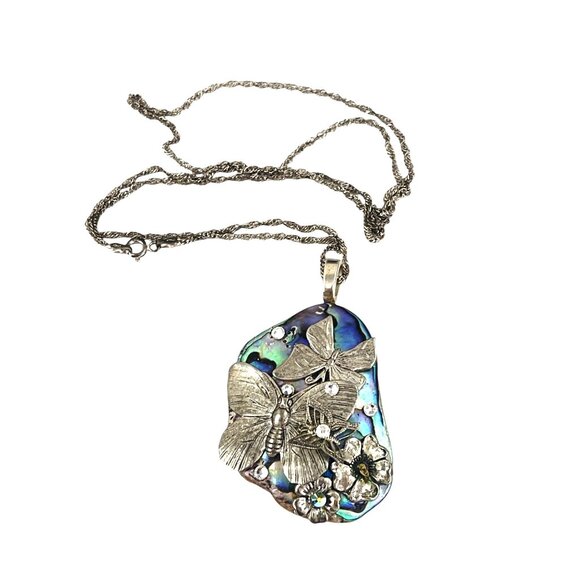 Handcrafted Abalone & Silver Butterfly Pendant Necklace With 925 Chain From Ital - Picture 2 of 7